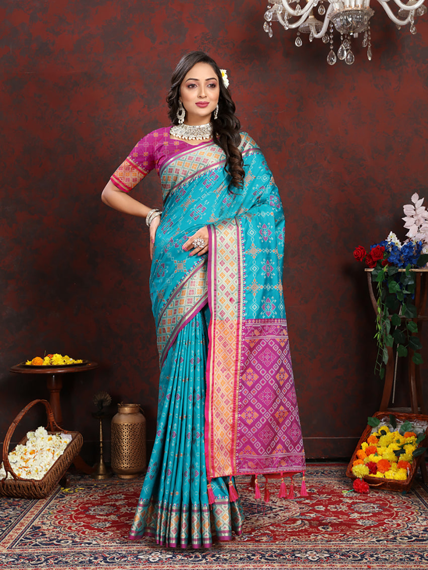 Lorenvalley Fashion Firozi Patola Silk Woven Design with Zari Meenakari Weaving motifs motifs Pallu Saree