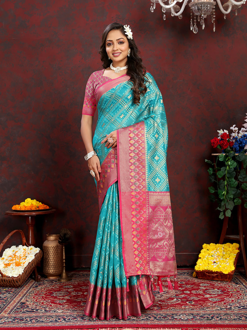 Lorenvalley Fashion Firozi Organza Silk Woven Design with Rich Meenakari Weaving Pallu Saree