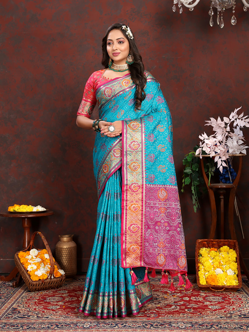 Lorenvalley Fashion Firozi Patola Silk Woven Design with Zari Meenakari Weaving motifs motifs Pallu Saree