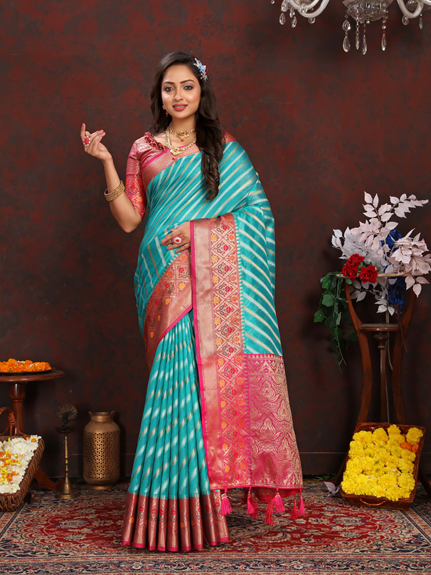 Lorenvalley Fashion Firozi Organza Silk Woven Design with Rich Meenakari Weaving Pallu Saree