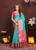 Lorenvalley Fashion Firozi Organza Silk Woven Design with Rich Meenakari Weaving Pallu Saree
