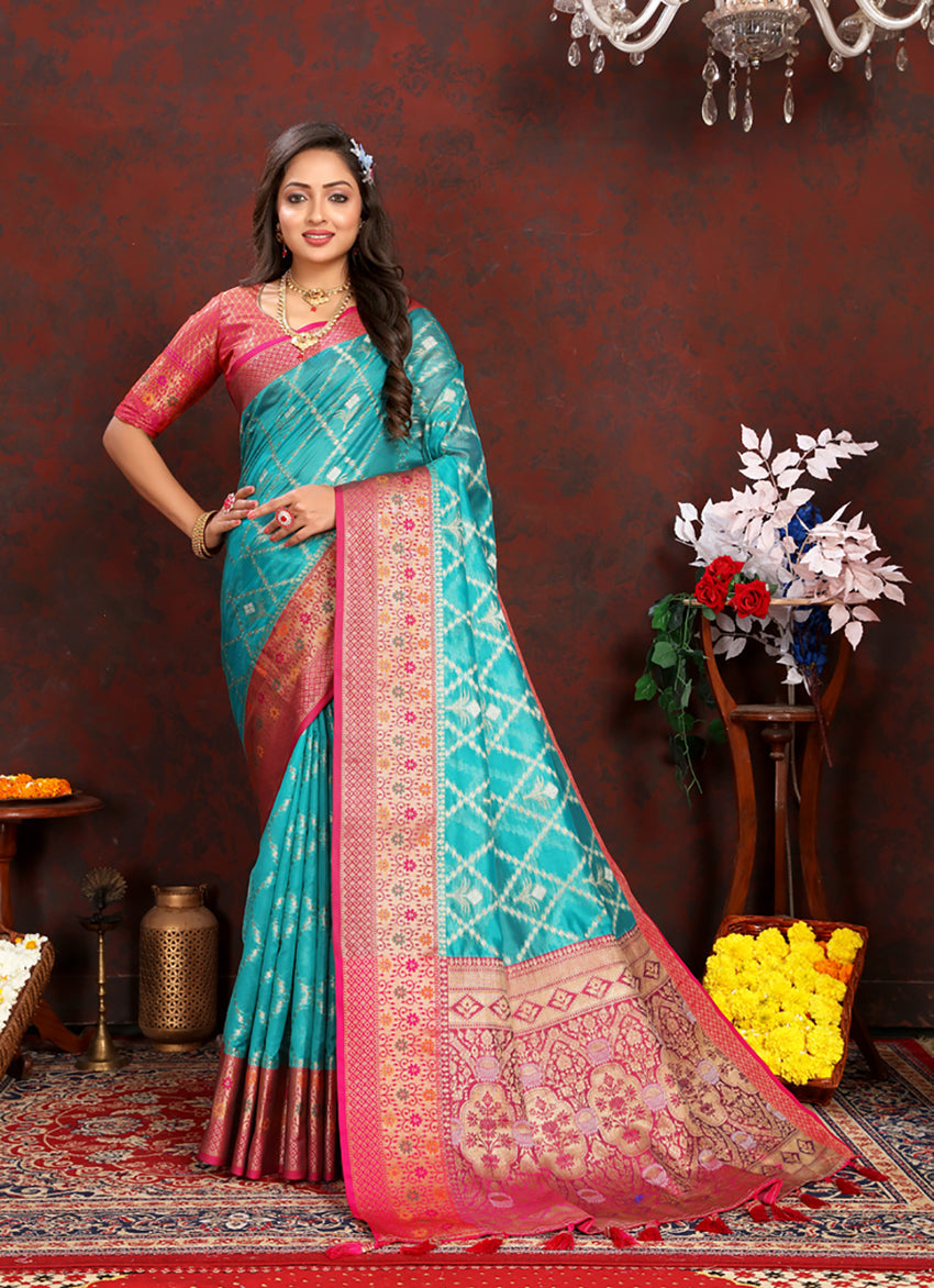 Lorenvalley Fashion Firozi Organza Silk Woven Design with Rich Meenakari Weaving Pallu Saree