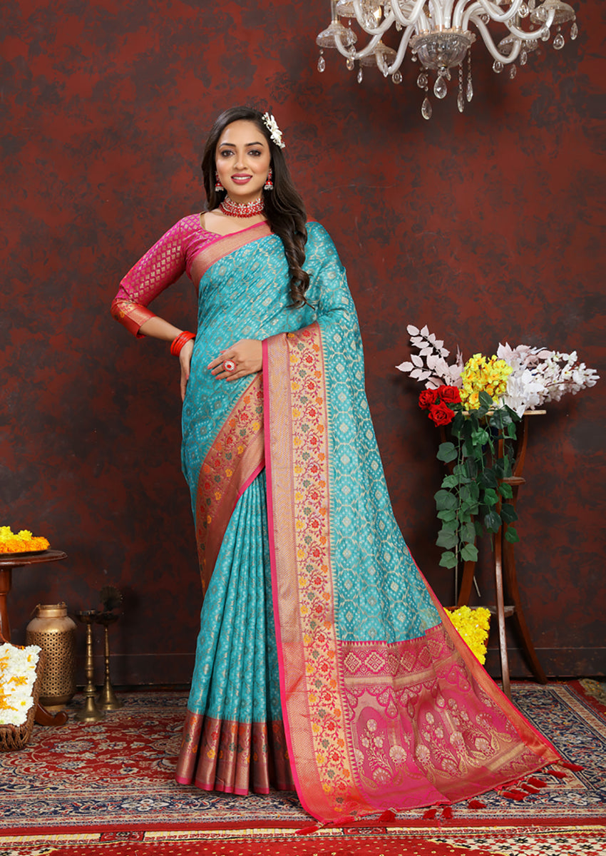 Lorenvalley Fashion Firozi Organza Silk Woven Design with Rich Meenakari Weaving Pallu Saree