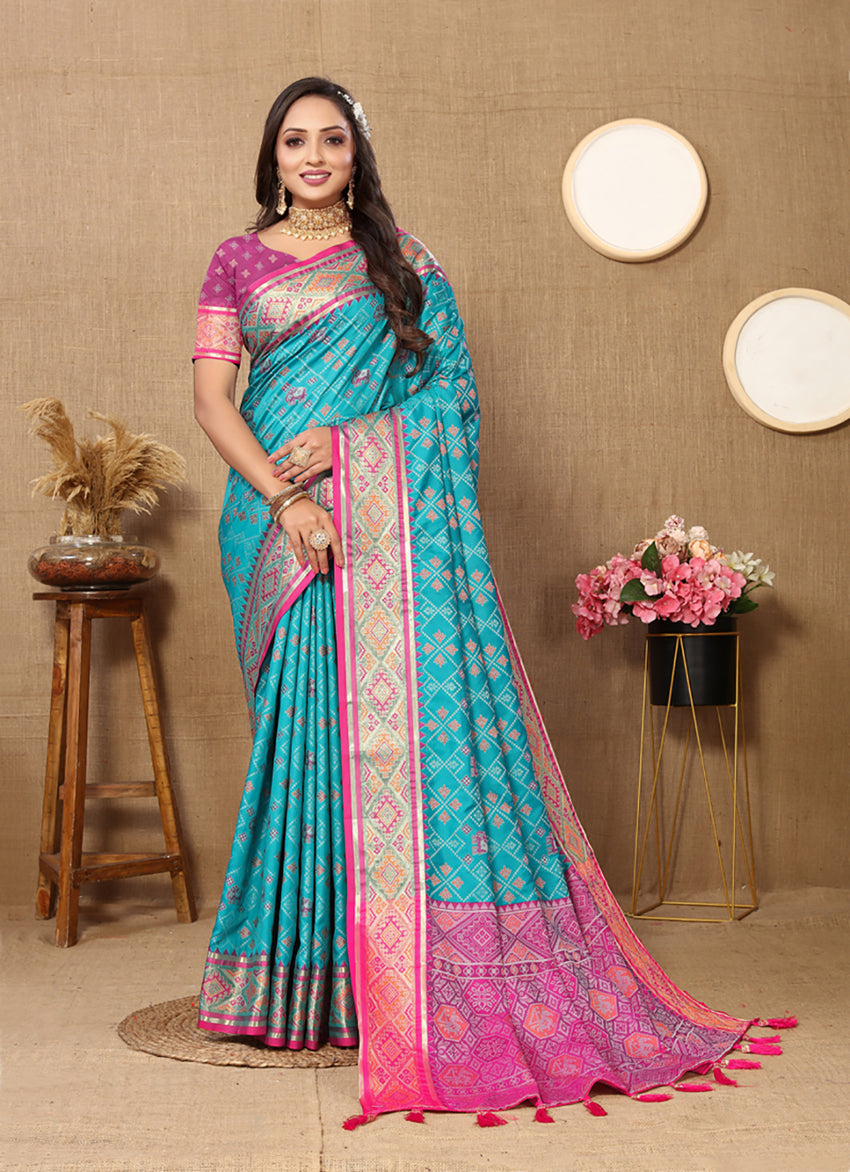 Lorenvalley Fashion Firozi Patola Silk Woven Design with Zari Meenakari Weaving motifs motifs Pallu Saree