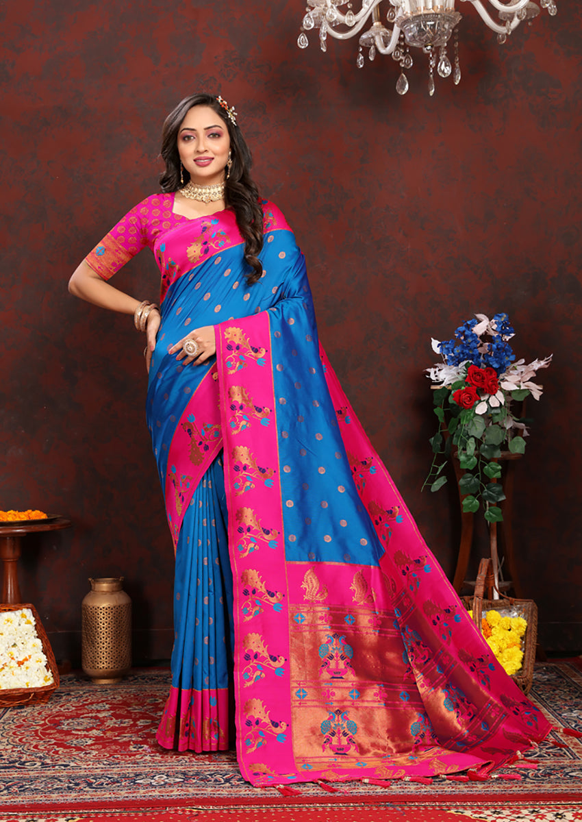 Lorenvalley Fashion Firozi Soft Paithani Silk Woven Design Rich Zari Meenakari Weaving Saree