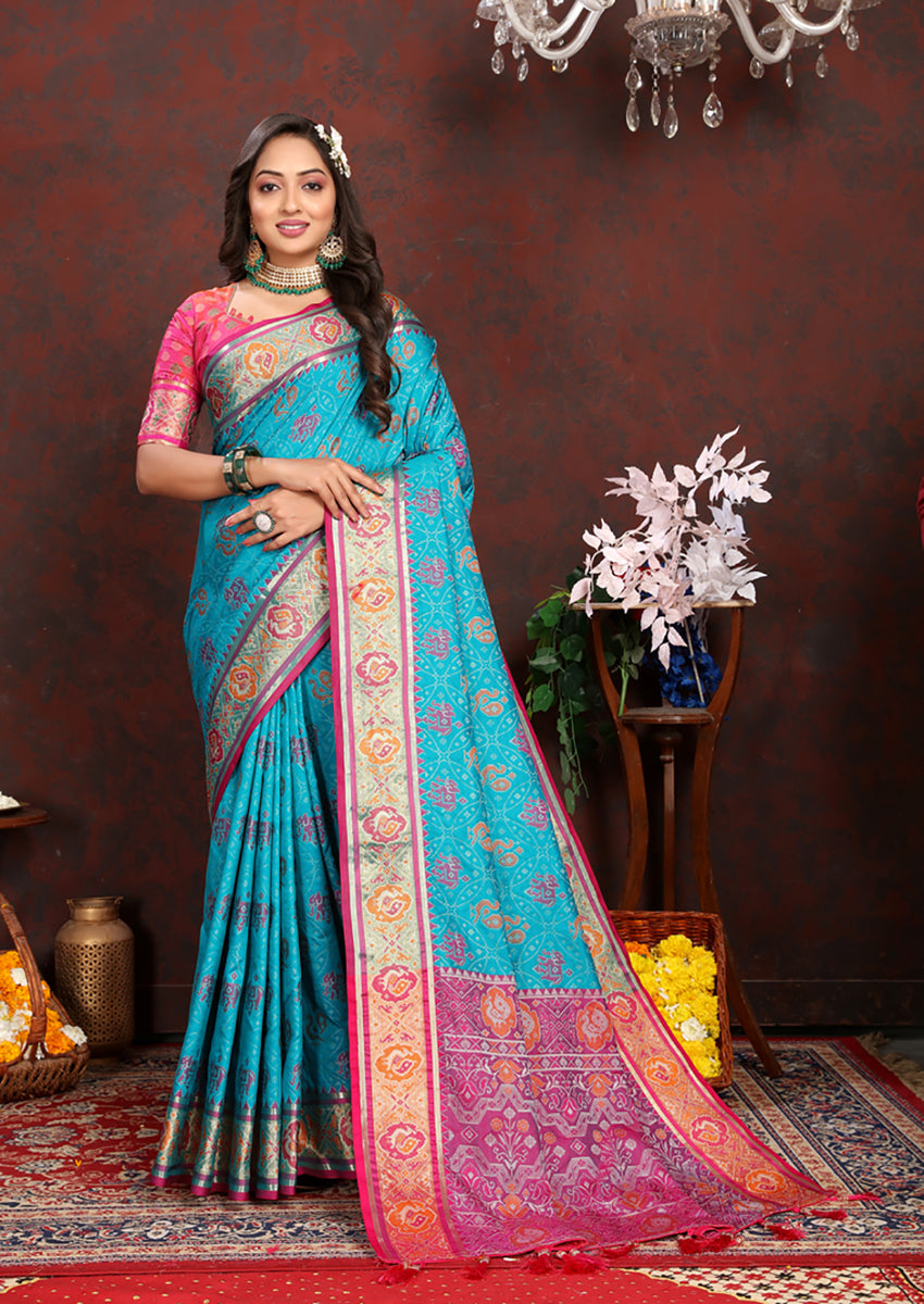 Lorenvalley Fashion Firozi Patola Silk Woven Design with Zari Meenakari Weaving motifs motifs Pallu Saree