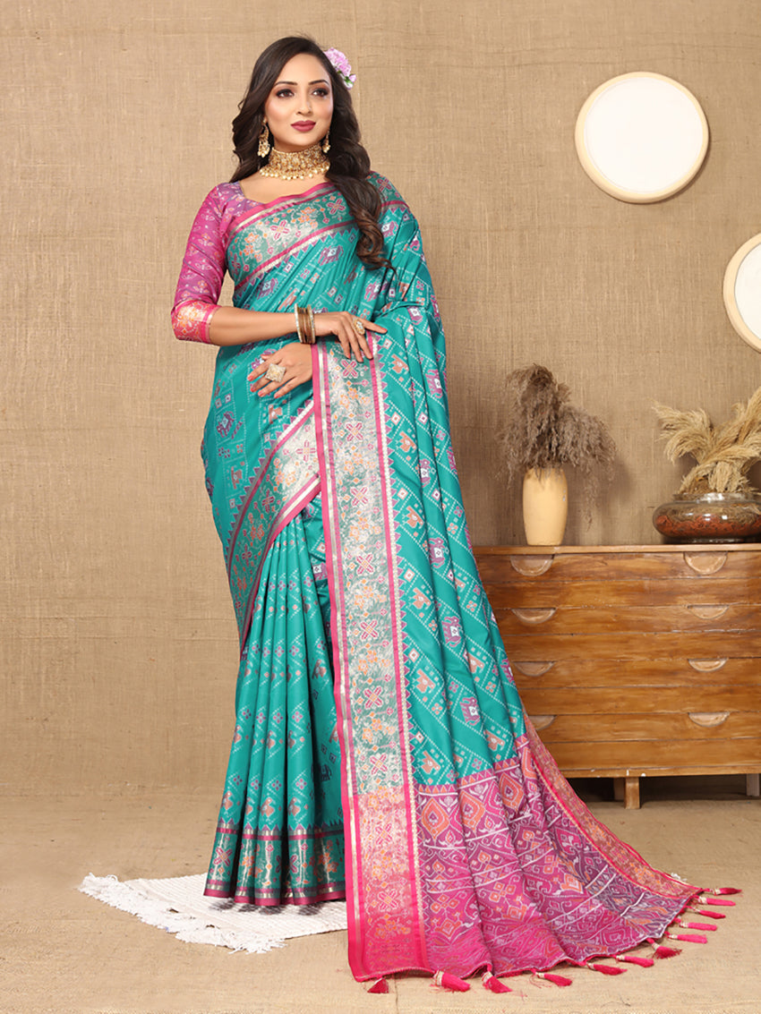 Lorenvalley Fashion Firozi Patola Silk Woven Design with Zari Meenakari Weaving motifs motifs Pallu Saree