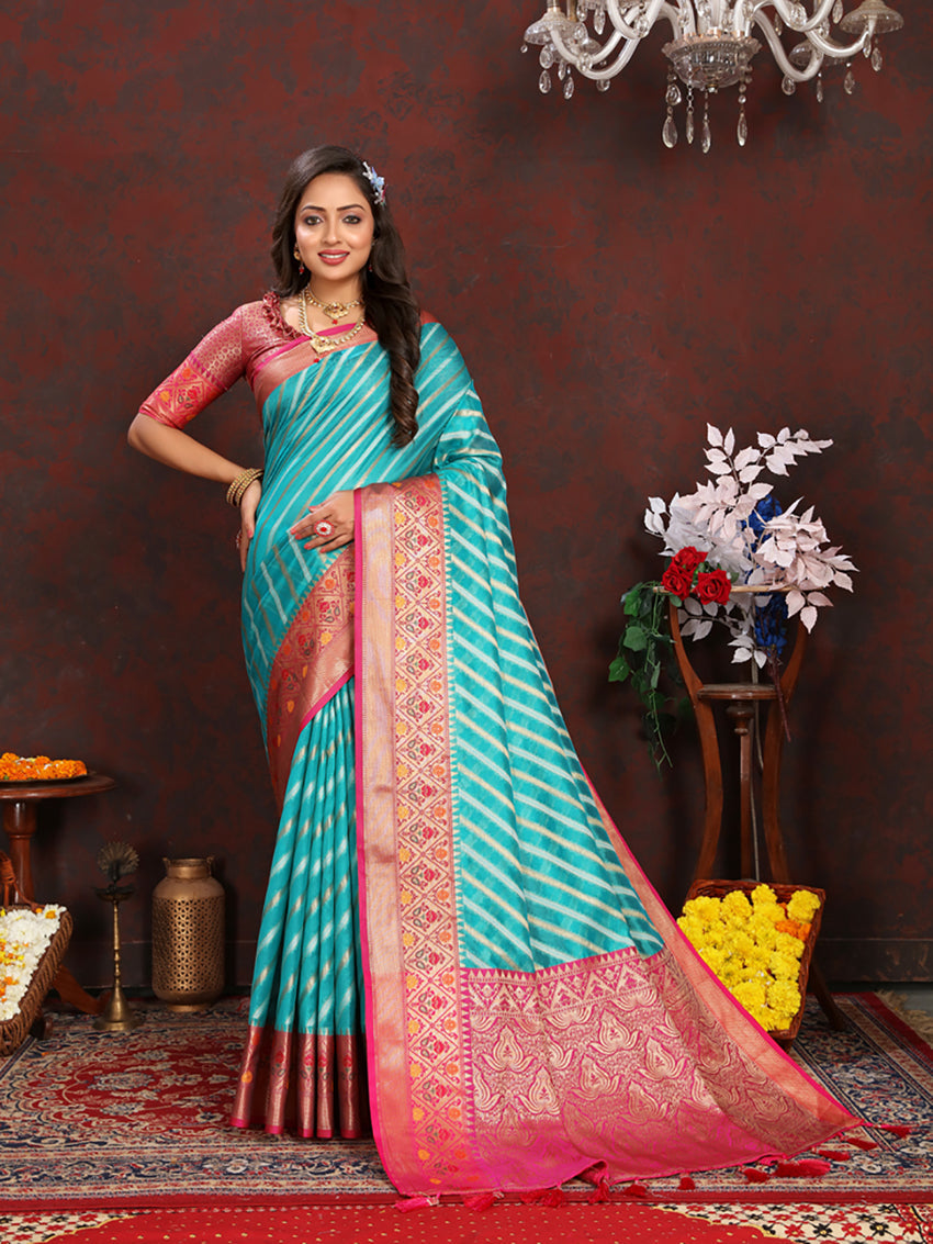 Lorenvalley Fashion Firozi Organza Silk Woven Design with Rich Meenakari Weaving Pallu Saree