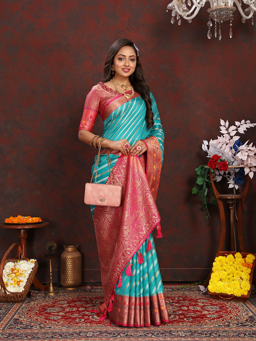 Lorenvalley Fashion Firozi Organza Silk Woven Design with Rich Meenakari Weaving Pallu Saree