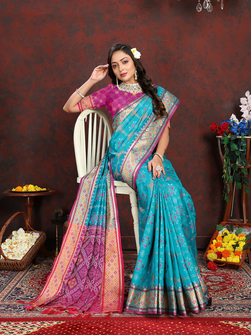 Lorenvalley Fashion Firozi Patola Silk Woven Design with Zari Meenakari Weaving motifs motifs Pallu Saree
