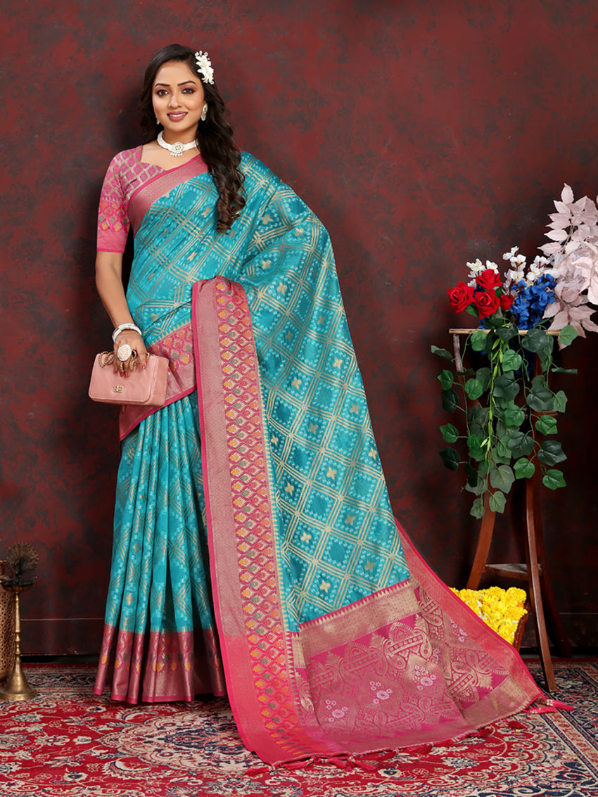 Lorenvalley Fashion Firozi Organza Silk Woven Design with Rich Meenakari Weaving Pallu Saree