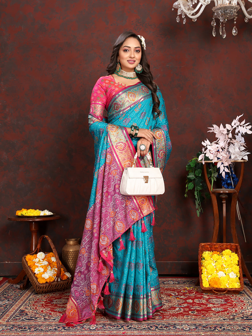 Lorenvalley Fashion Firozi Patola Silk Woven Design with Zari Meenakari Weaving motifs motifs Pallu Saree