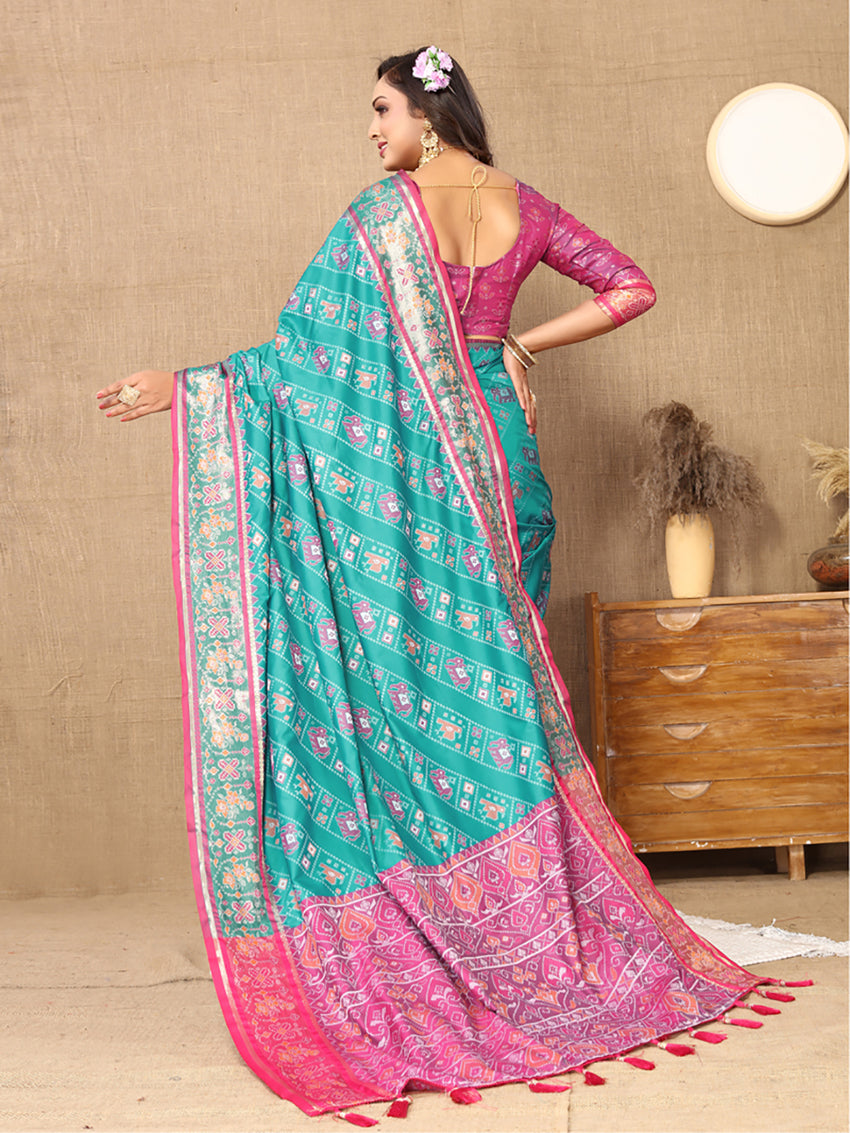 Lorenvalley Fashion Firozi Patola Silk Woven Design with Zari Meenakari Weaving motifs motifs Pallu Saree