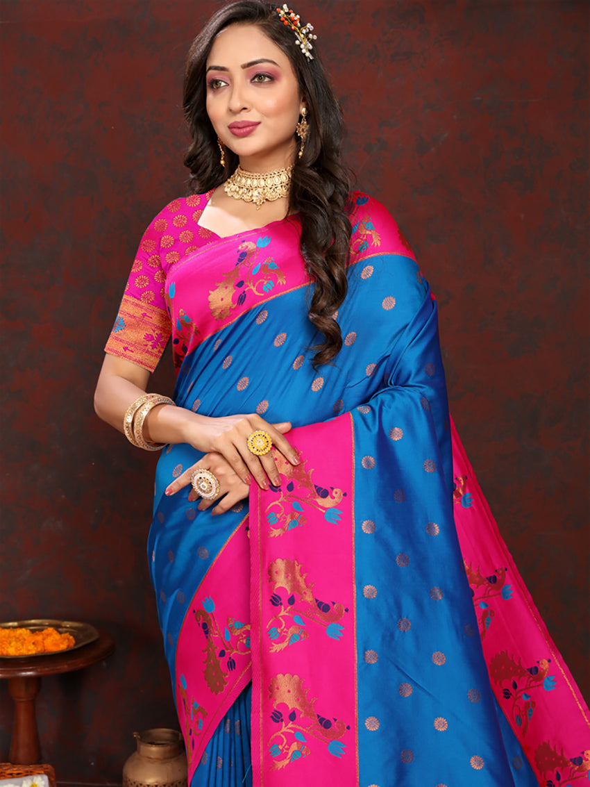 Lorenvalley Fashion Firozi Soft Paithani Silk Woven Design Rich Zari Meenakari Weaving Saree