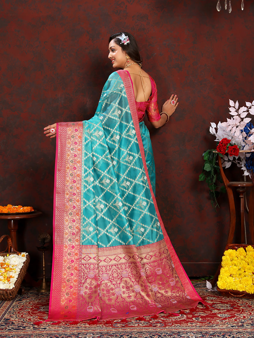 Lorenvalley Fashion Firozi Organza Silk Woven Design with Rich Meenakari Weaving Pallu Saree