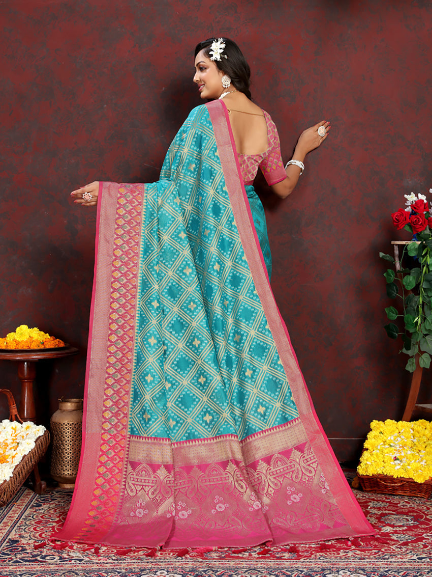 Lorenvalley Fashion Firozi Organza Silk Woven Design with Rich Meenakari Weaving Pallu Saree