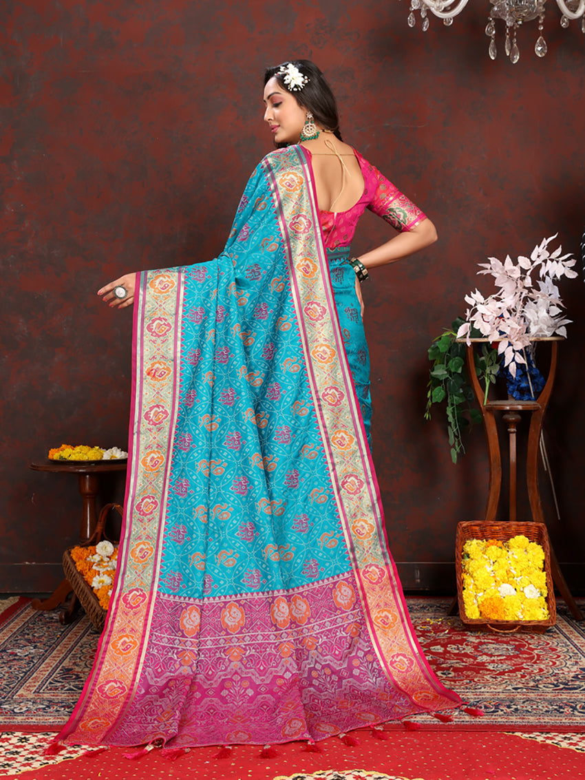 Lorenvalley Fashion Firozi Patola Silk Woven Design with Zari Meenakari Weaving motifs motifs Pallu Saree