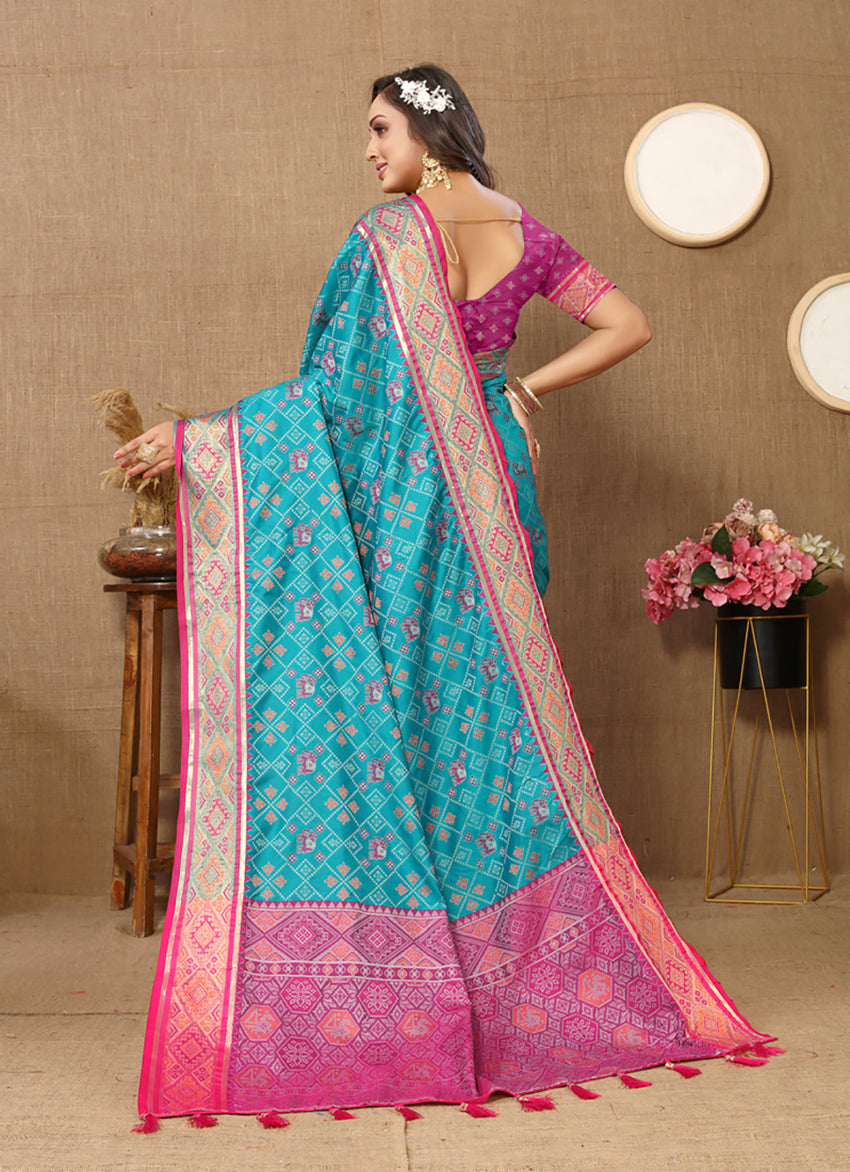 Lorenvalley Fashion Firozi Patola Silk Woven Design with Zari Meenakari Weaving motifs motifs Pallu Saree