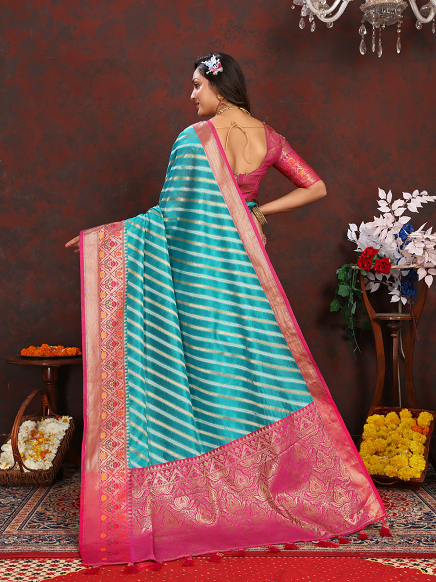 Lorenvalley Fashion Firozi Organza Silk Woven Design with Rich Meenakari Weaving Pallu Saree