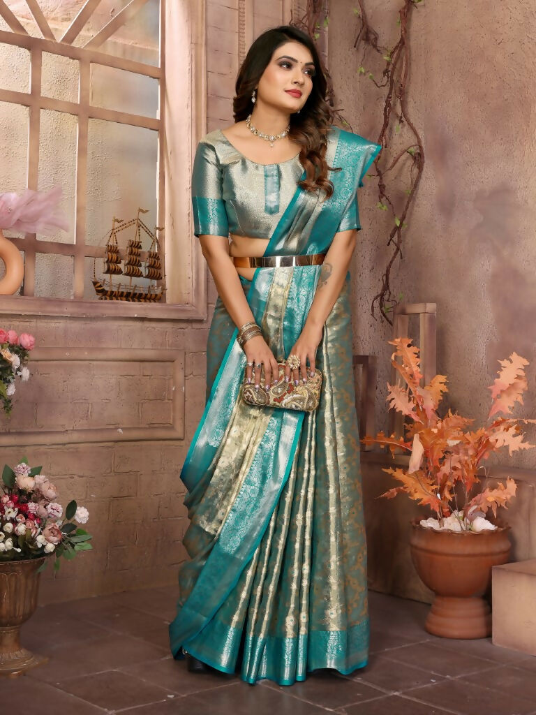 Anaita Blue Tissue Silk With Zari Weaving Saree With Blouse