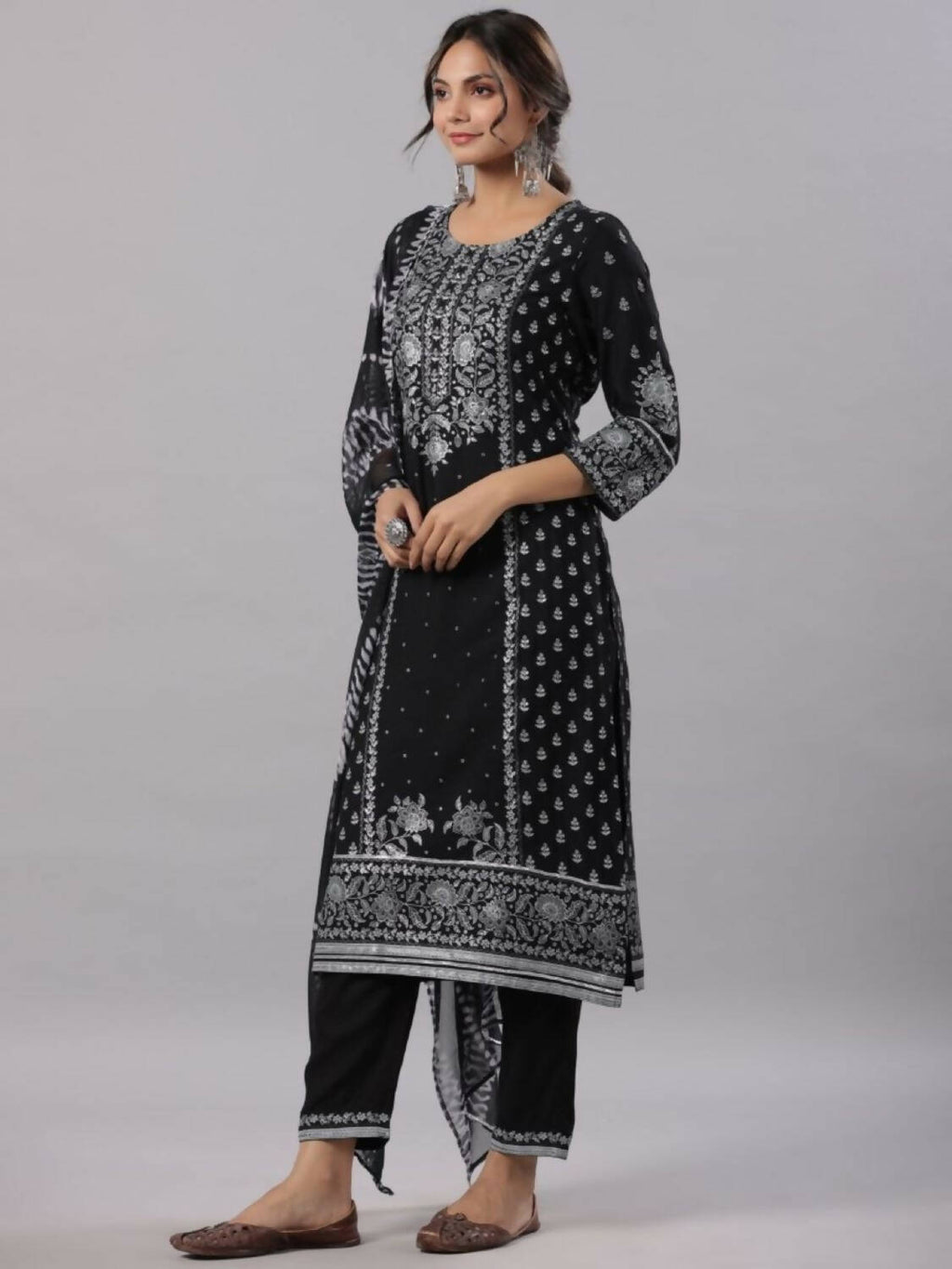 Juniper Women Black Rayon Staple Kalamkari Printed Kurta, Pants and Dupatta Set