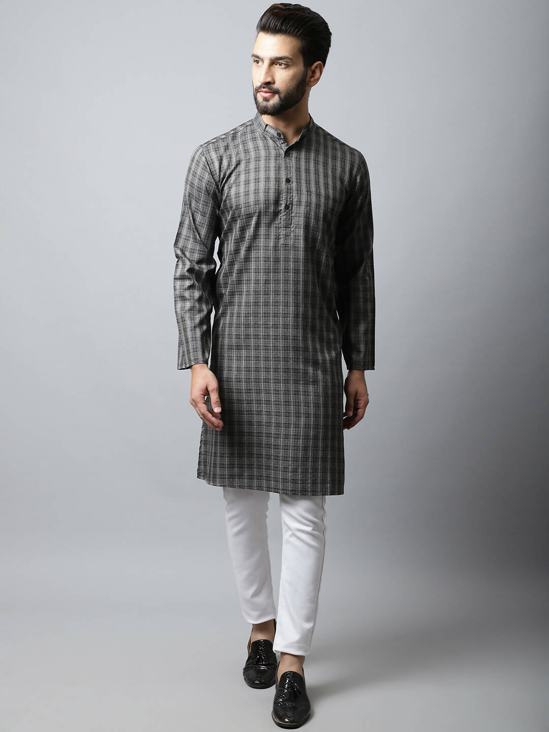 Even Apparels Brown Color Cotton Checked Men's Kurta With Band Collar (CHK1157)