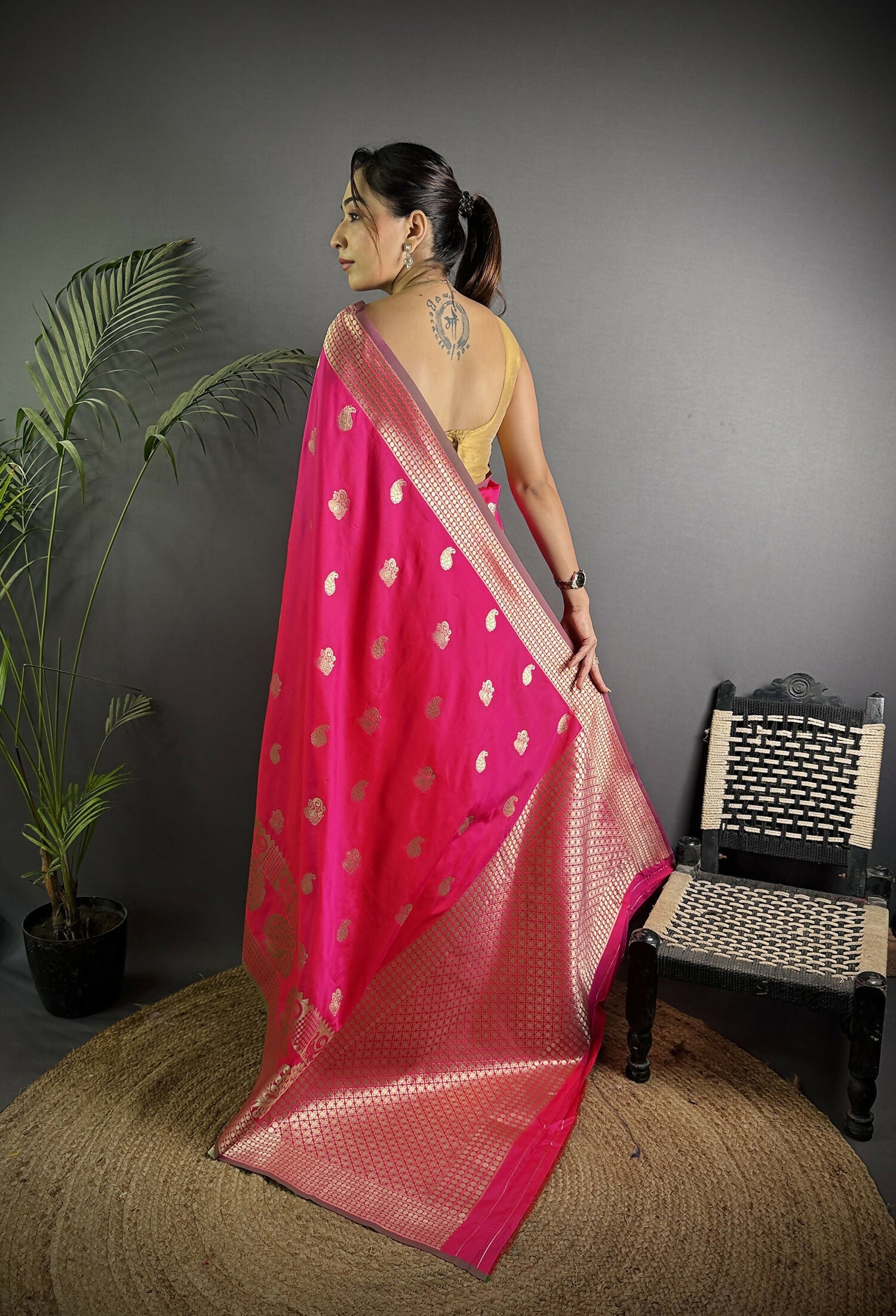 Joban Fashion Hot Pink Banarasi Soft Lichi Silk Paisley Saree