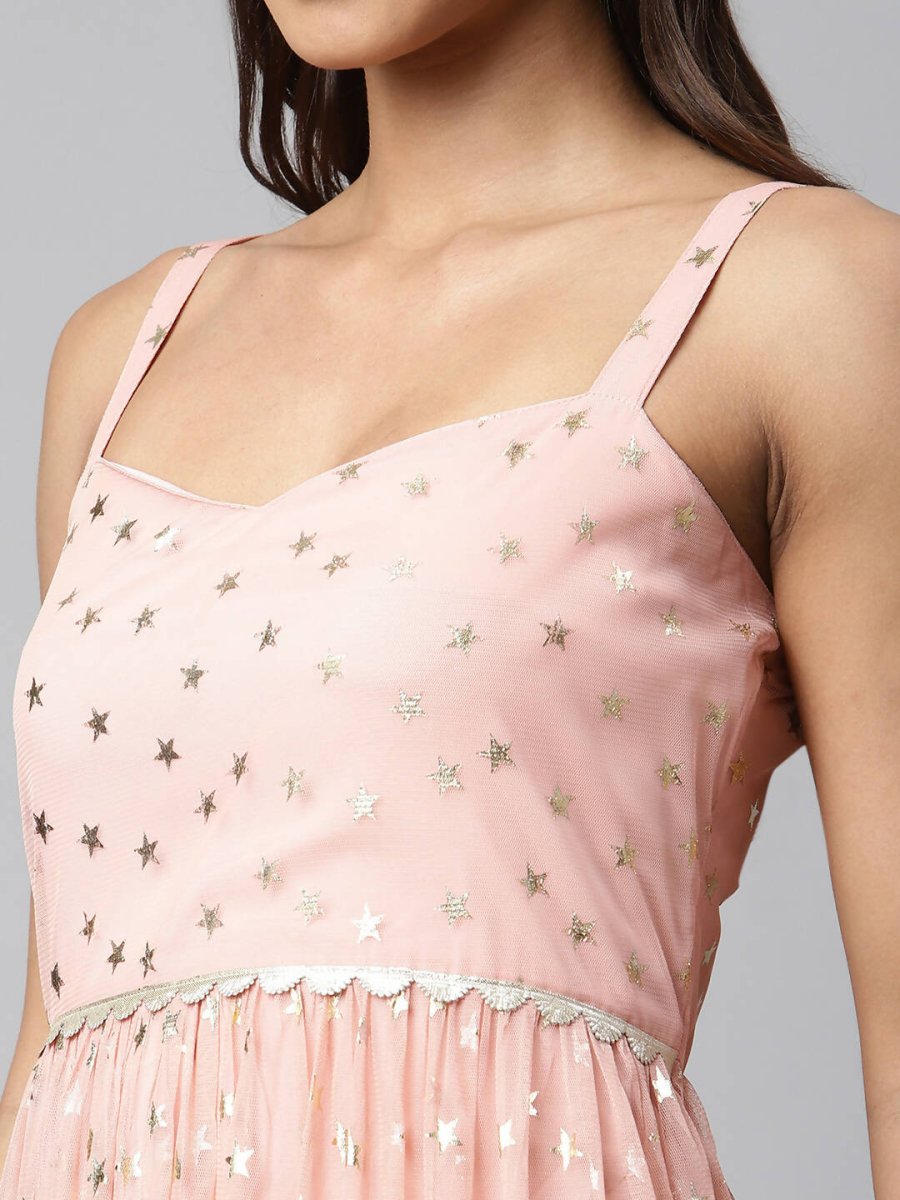 Ahalyaa Women Pink Net Gold Foil Print Dress