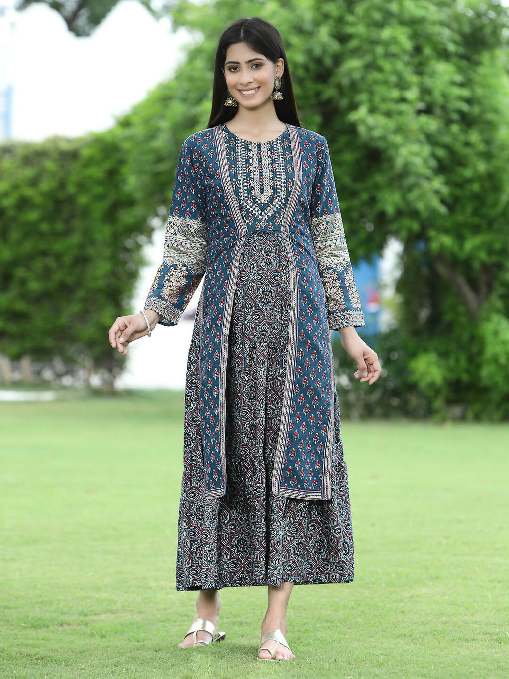 Juniper Women Teal Chanderi Festive Printed Tiered Kurta
