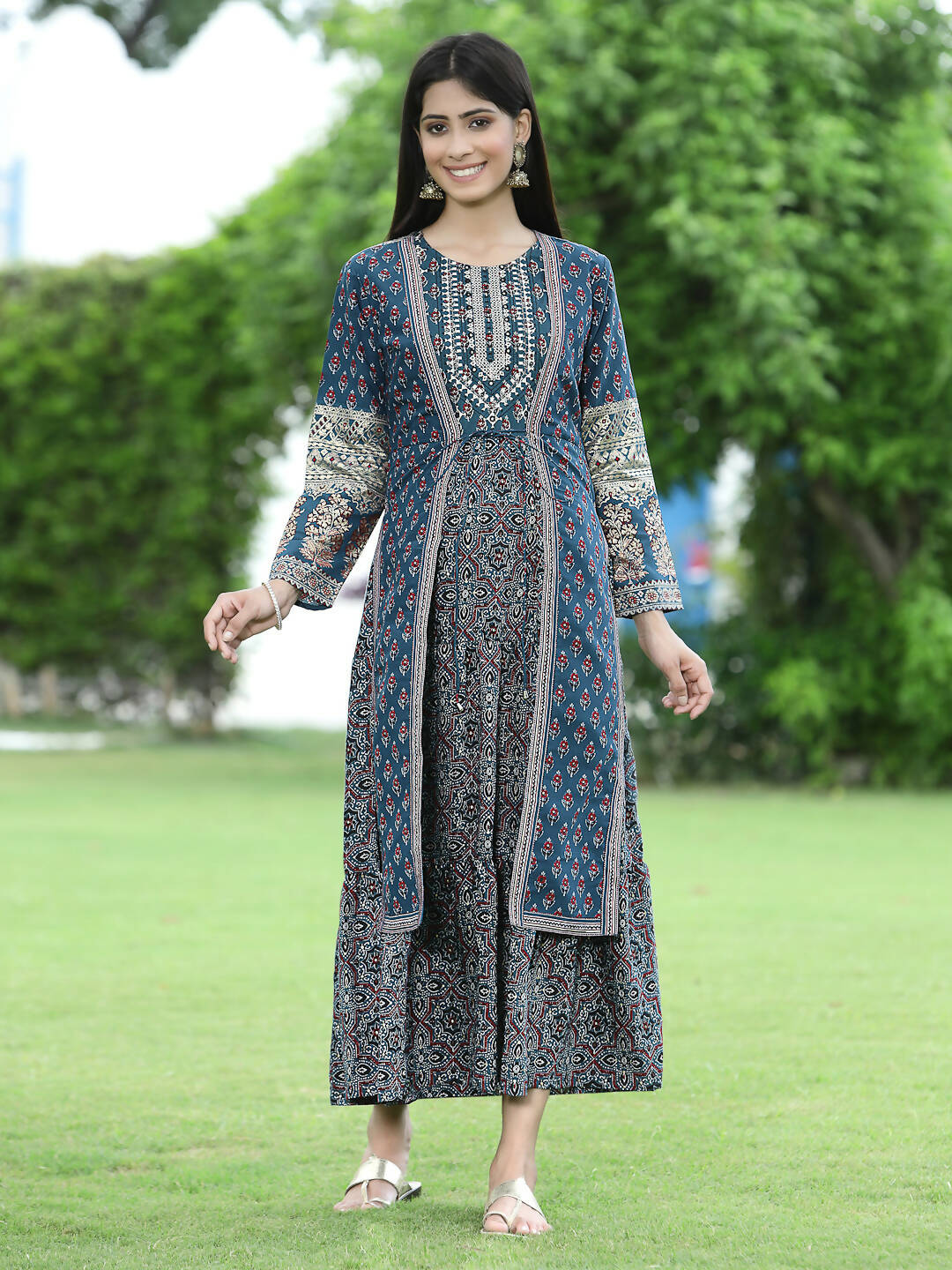 Juniper Women Teal Chanderi Festive Printed Tiered Kurta