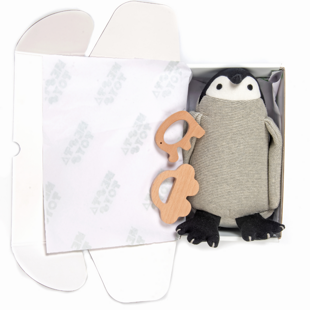 Nesta Toys Newborn Gift Set - Penguin Plush Toy, Wooden Elephant & Car Teether