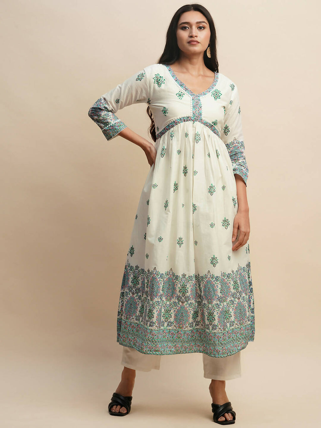 White And Blue Pure Cotton Floral Printed Anarkali Kurta And Bottom With Dupatta - Akashara