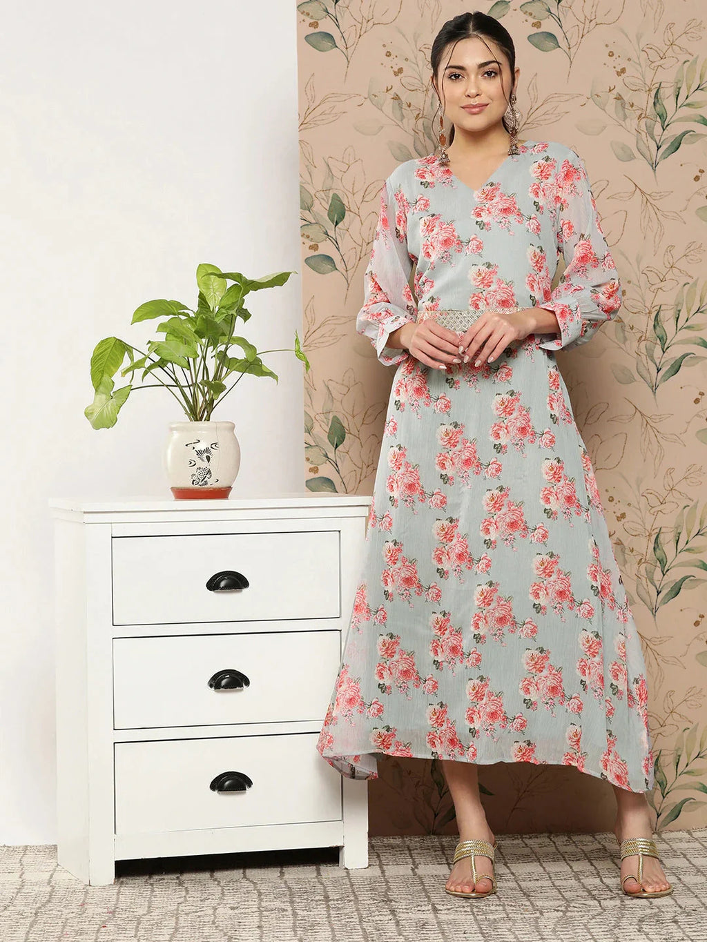 Yufta Floral Chiffon A-Line Midi Dress