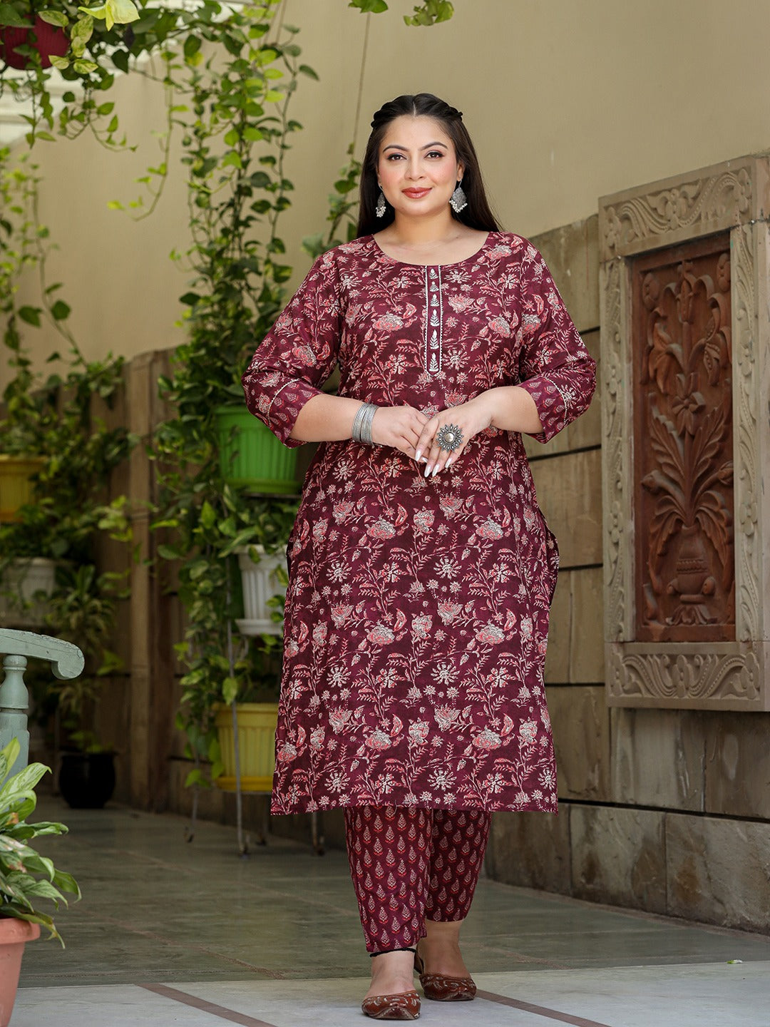 Yufta Floral Print Plus Size Gotta Patti Pure Cotton Kurta with Trousers & Dupatta