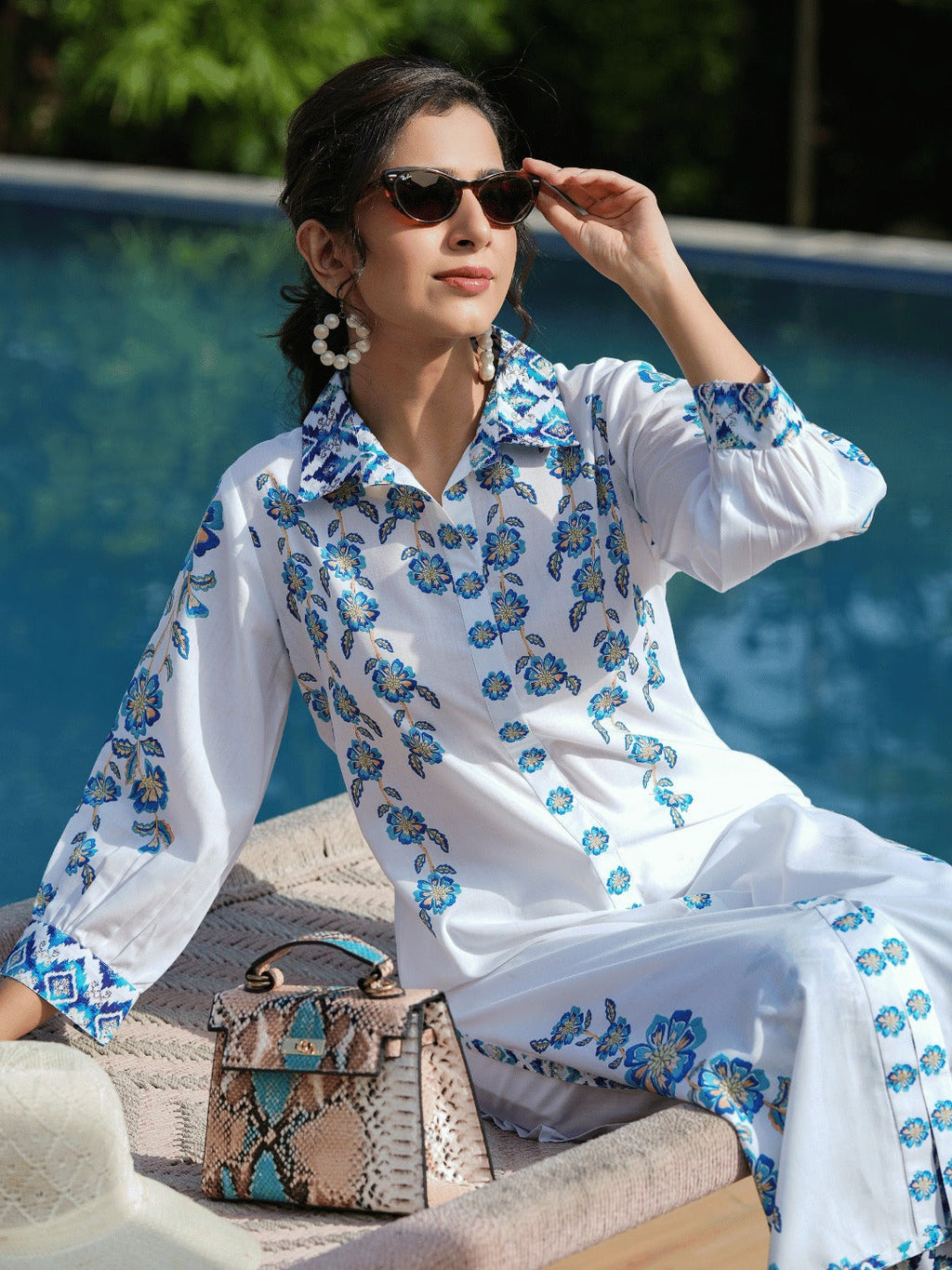 Yufta Blue White Printed Pure Cotton Kurta with Trousers