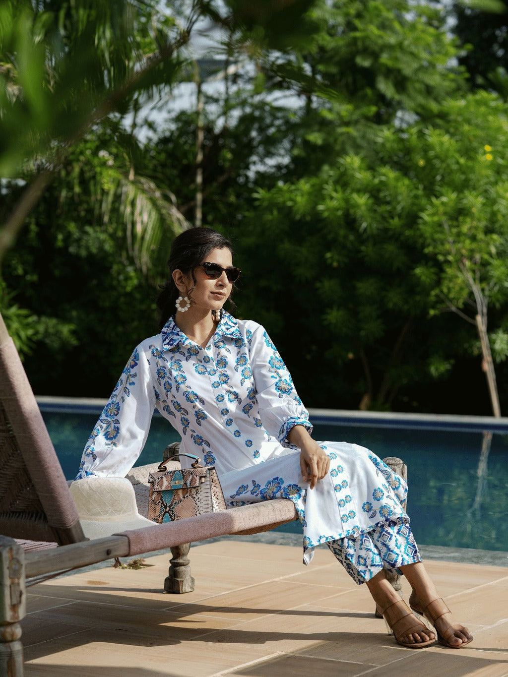 Yufta Blue White Printed Pure Cotton Kurta with Trousers