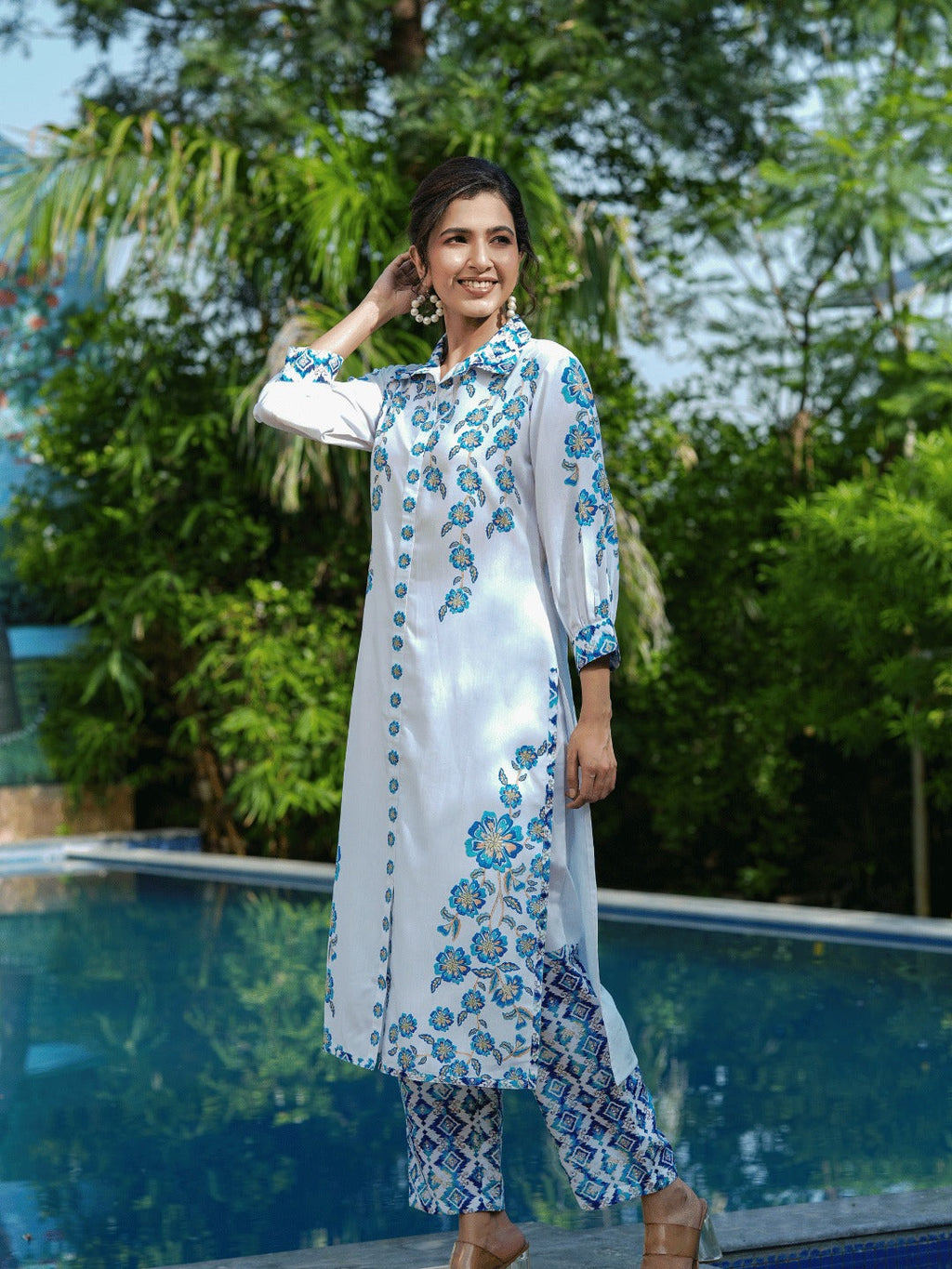 Yufta Blue White Printed Pure Cotton Kurta with Trousers