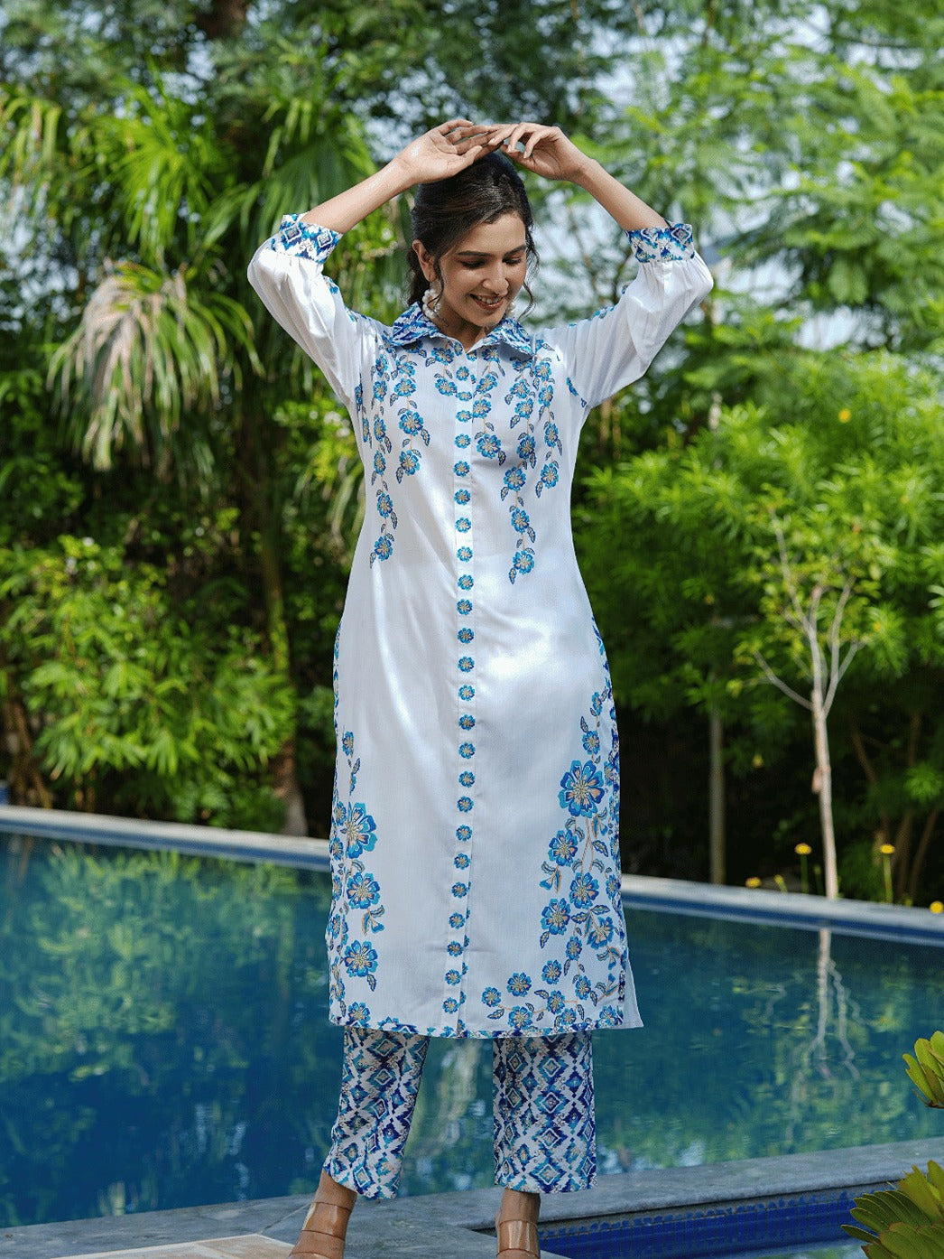 Yufta Blue White Printed Pure Cotton Kurta with Trousers