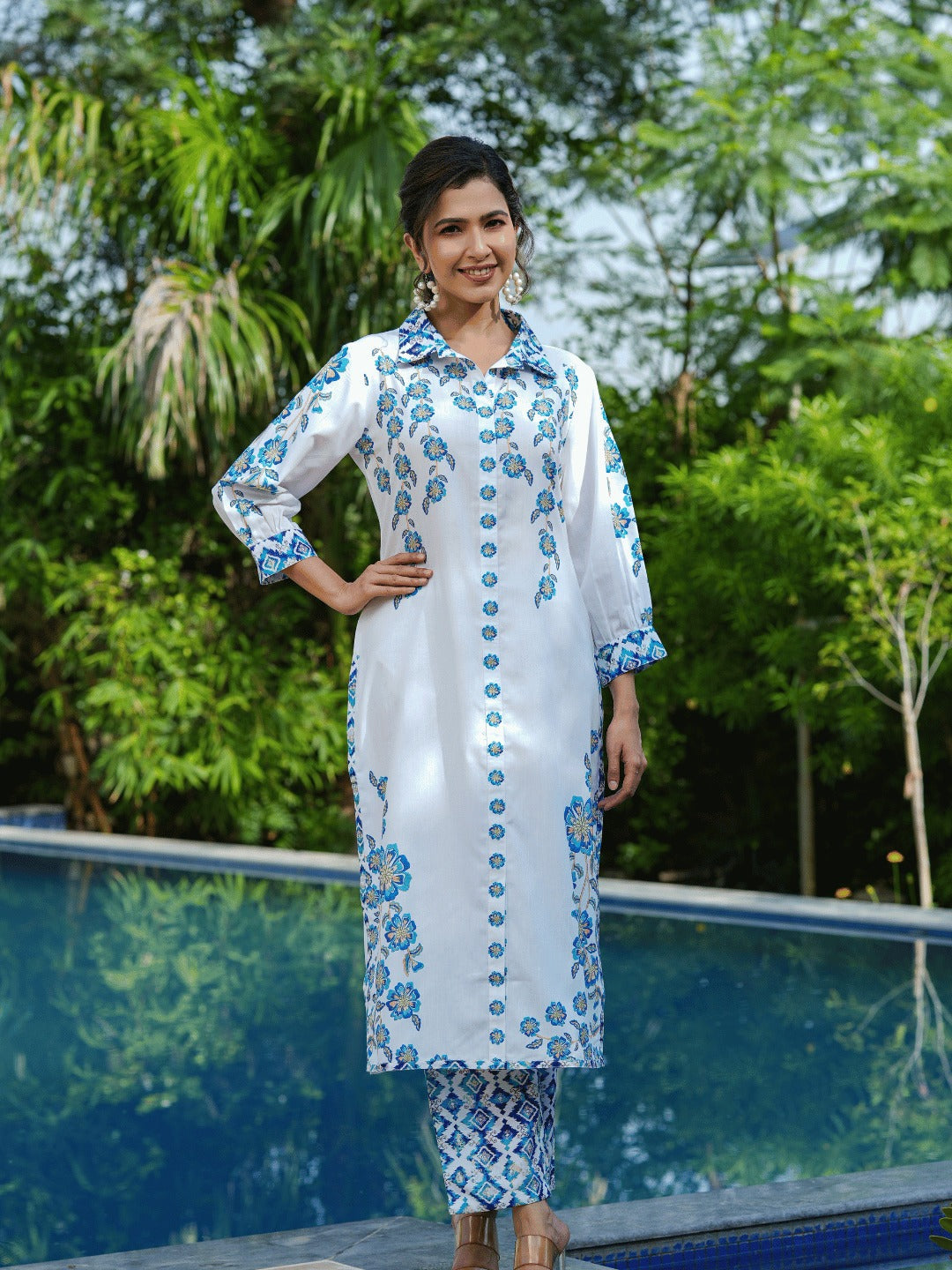 Yufta Blue White Printed Pure Cotton Kurta with Trousers