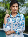 Yufta Blue White Printed Pure Cotton Kurta with Trousers