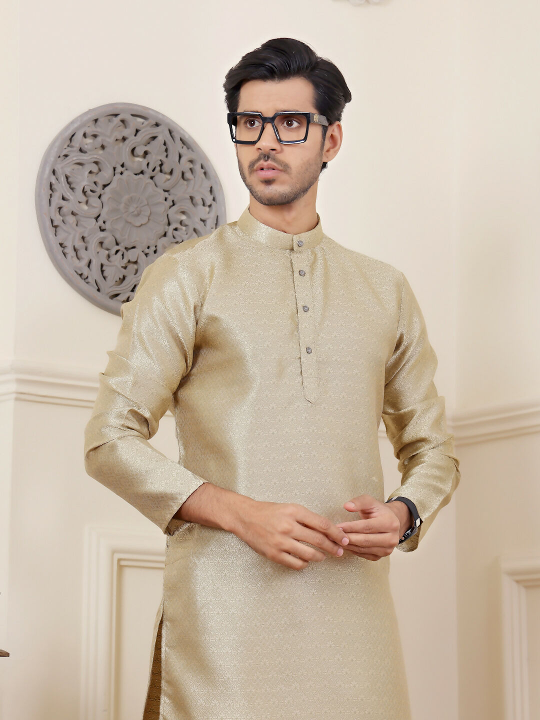 Beige Viscose Woven Jacquard Work Men's Rajwadi Kurta Set - Mahotsav
