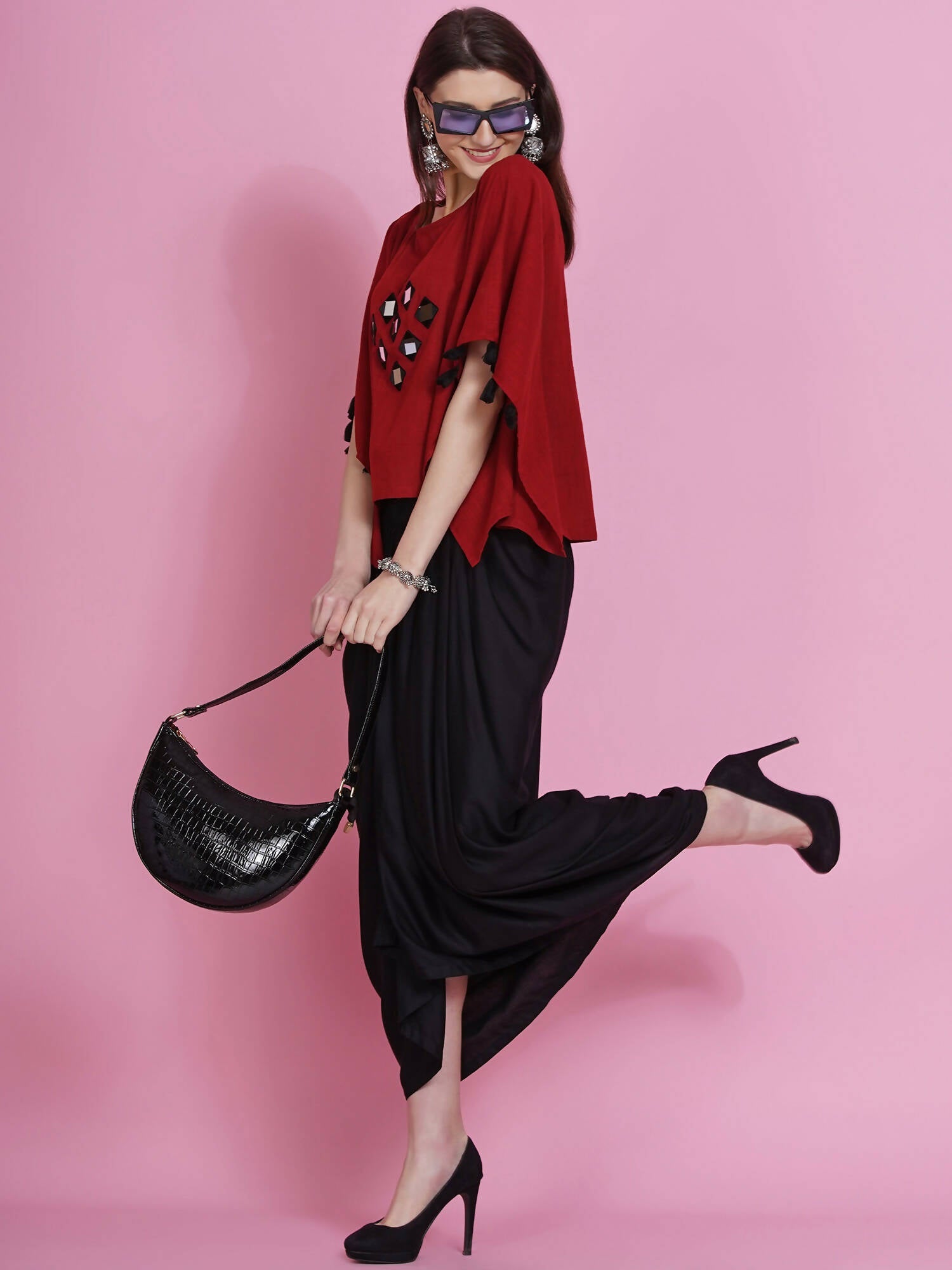 Women Republic Maroon Cotton Kaftan With Dhoti