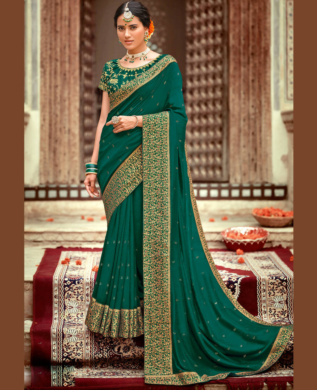 Bottle Green Vichitra Stone Work Saree With Unstitched Blouse Piece - Rosy