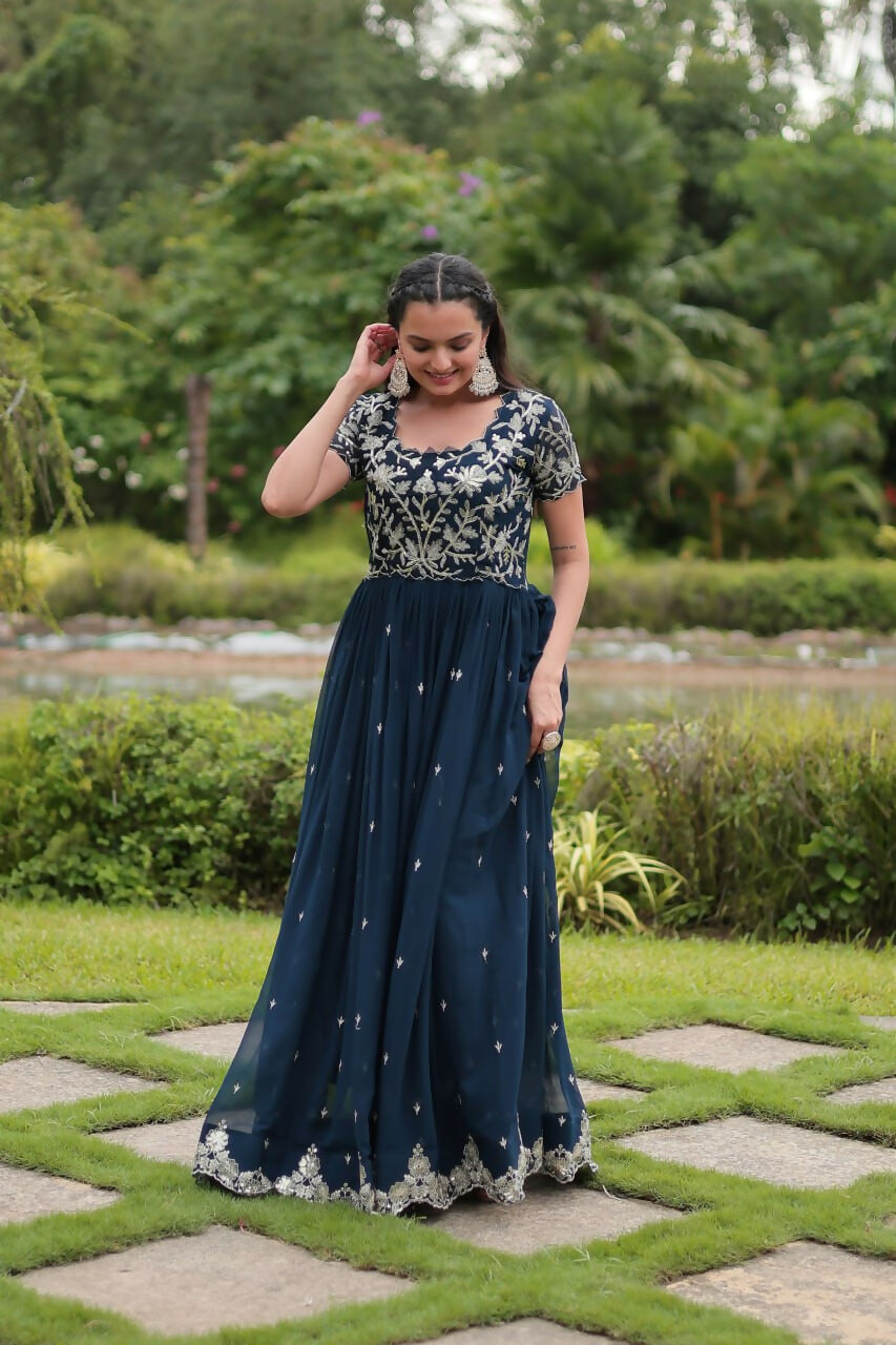 Vastranavya Premium Designer Faux Blooming with Coding Sequins Embroidery work Gown - Teal