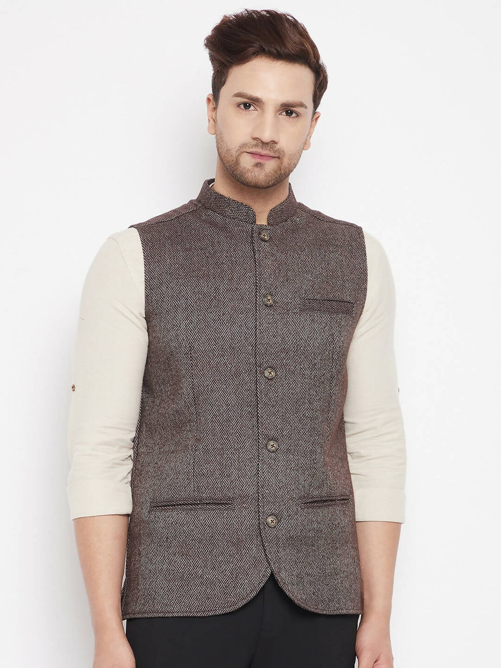 Even Apparels Brown Wool Men Woven Nehru Jacket