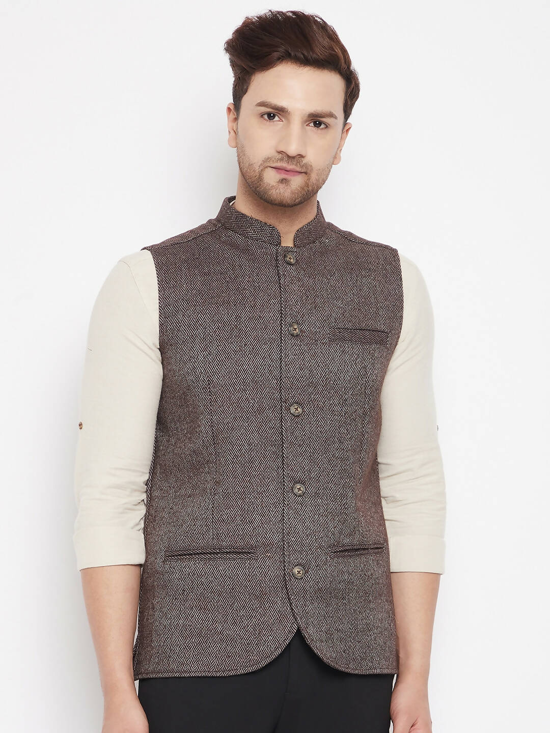 Even Apparels Brown Wool Men Woven Nehru Jacket