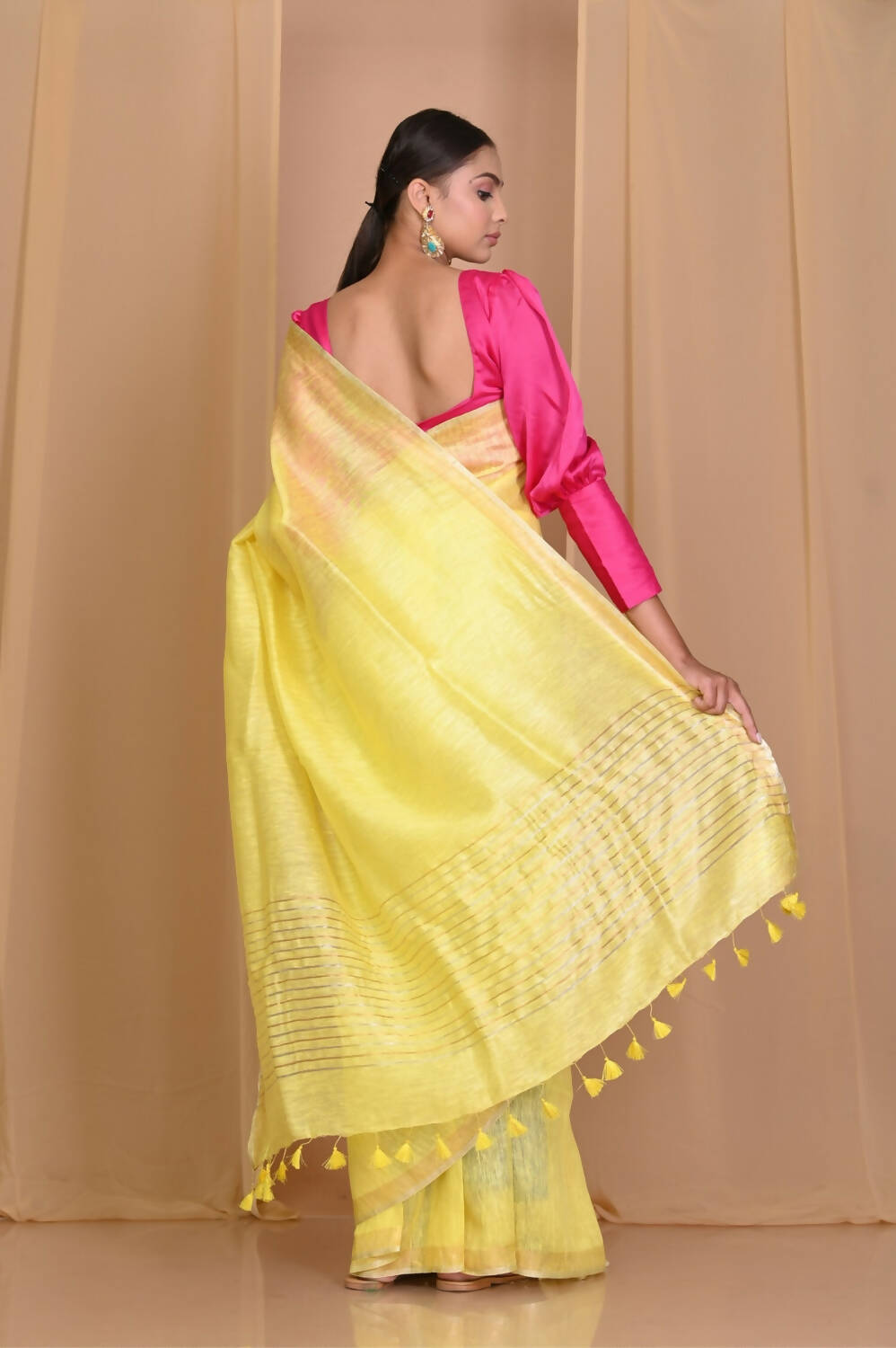 Very Much Indian Pure Linen Silk Saree With Sleek Border - Yellow