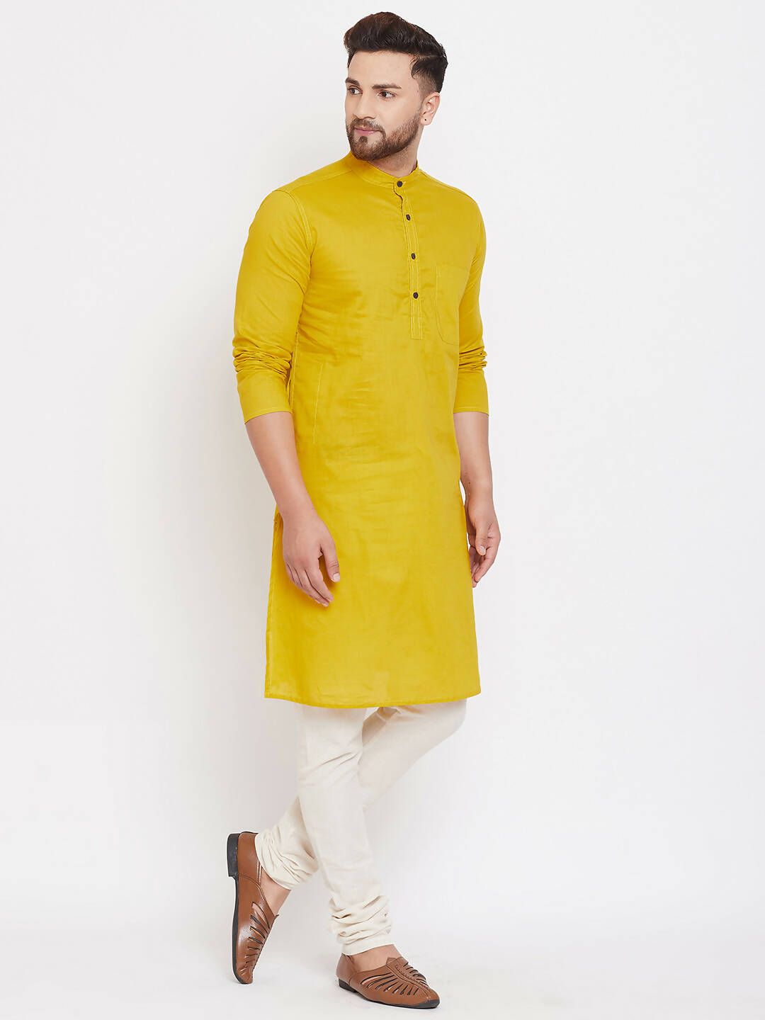 Even Apparels Pure Cotton Yellow Men's Kurta With Band Collar