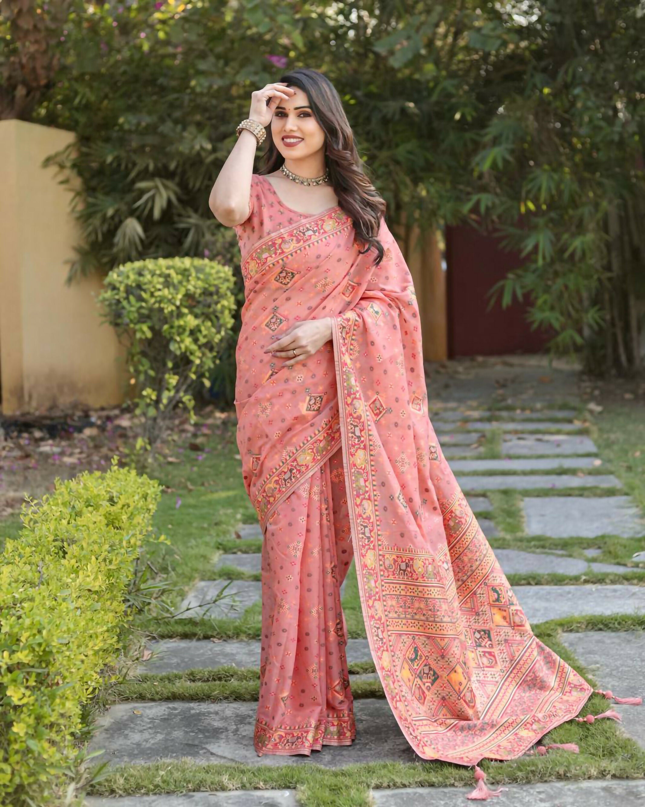 Vastranavya Luxury and Beautiful Soft, Smooth, Flowing Original Pashmina Soft Cotton Saree with Matching Blouse Fabric - Peach