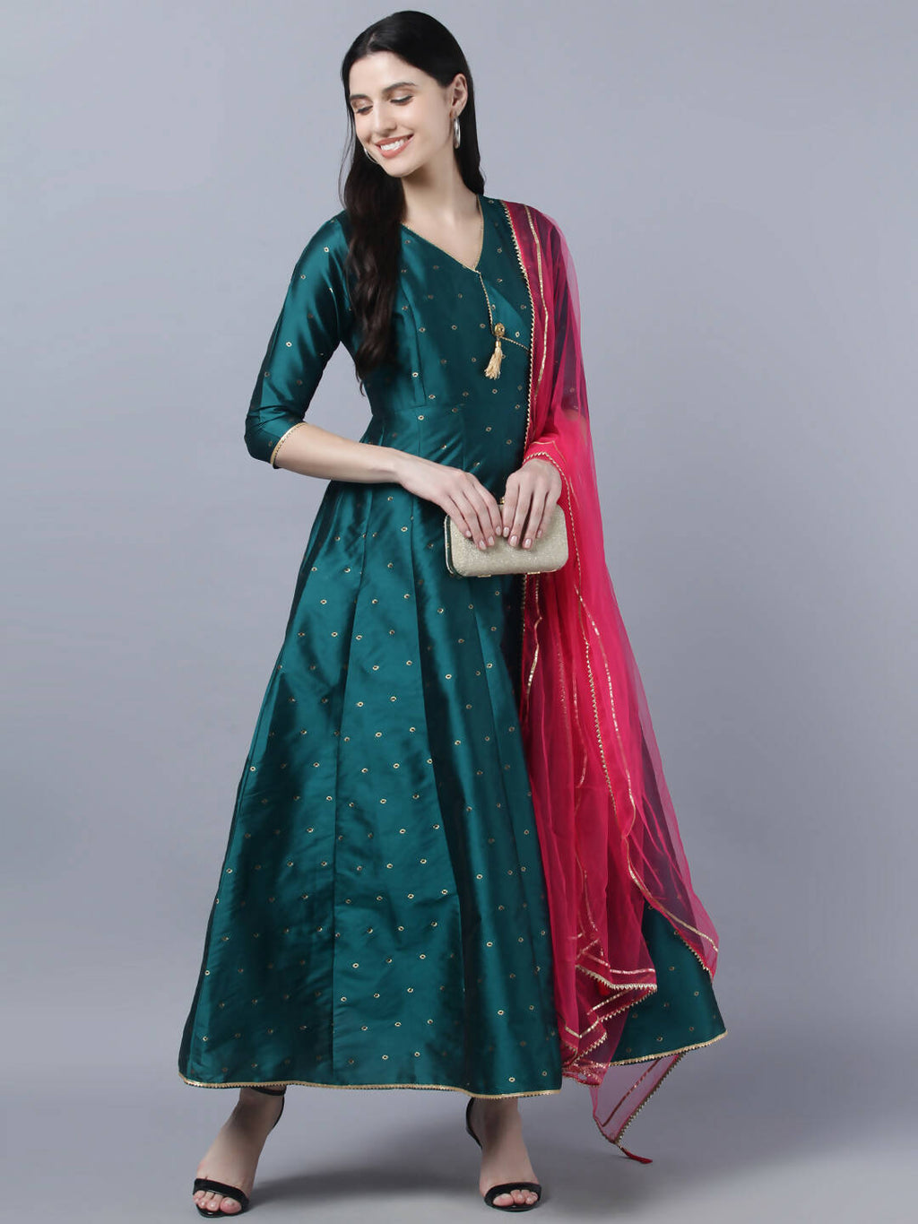 Myshka Green Red Ethnic Motifs Ethnic Anarkali Dress With Dupatta